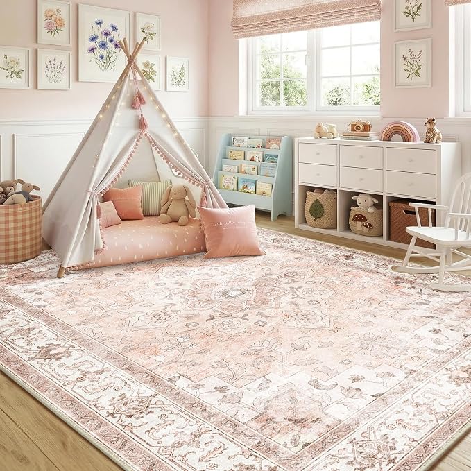 CAPALOCA Machine Washable Rugs Nursery Rug 8x10 Cute Girl Non Slip Low Pile Water Repellent Soft Print Pattern for Bedroom Indoor Decor Kids Playroom Pink