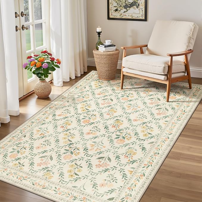 Area Rug Living Room Rugs: Floral 3x5 Washable Rug Vintage Soft Boho Non-Slip Carpet Indoor Floor Stain Resistant Large Carpets for Bedroom Dining Room Farmhouse Nursery Hallway Beige/Multi