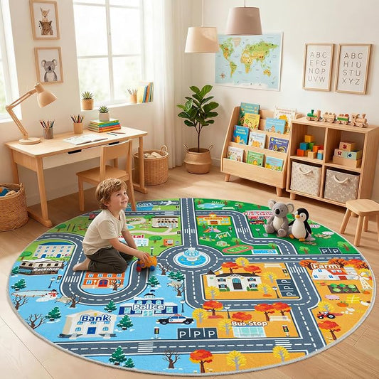 Kids Car Rug Play Mat for Toy Cars, Round 47" City Road Town Track Four Seasons Traffic Carpet, Non-Slip Washable Area Rug for Kids Room Bedroom Classroom Play Area, Fun Learning Carpet for Children