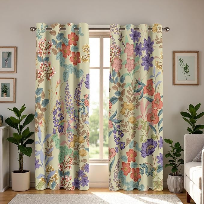 Black 100% Blackout Floral Curtains for Bedroom 84 inch Long 2 Panels Sage Green Vintage Full Light Blocking Room Darkening Window Drapes, Thermal Insulated Black Out Curtain for Living Room 52x84