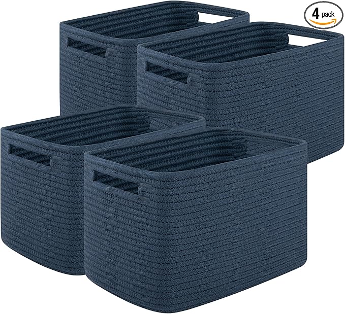OIASKET Storage Baskets for Organizing, Woven Decorative Baskets for Shelves - Books, Towels, and Clothes, Cotton Rope Toy Storage Bins, 12.7''Lx9''Wx7.8''H, Pack of 4, Blue
