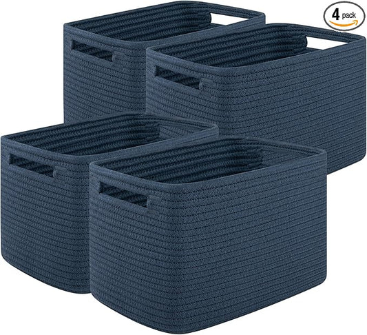 OIASKET Storage Baskets for Organizing, Woven Decorative Baskets for Shelves - Books, Towels, and Clothes, Cotton Rope Toy Storage Bins, 12.7''Lx9''Wx7.8''H, Pack of 4, Blue