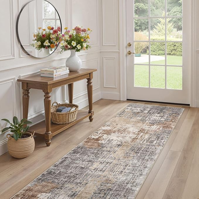 DMOYEST Washable Runner Rug for Hallway: 2x6 Neutral Modern Abstract Low Pile Area Rug with Non-Slip Backing - Carpet for Bedroom Kitchen Laundry Entryway Bathroom Indoor - Grey Brown