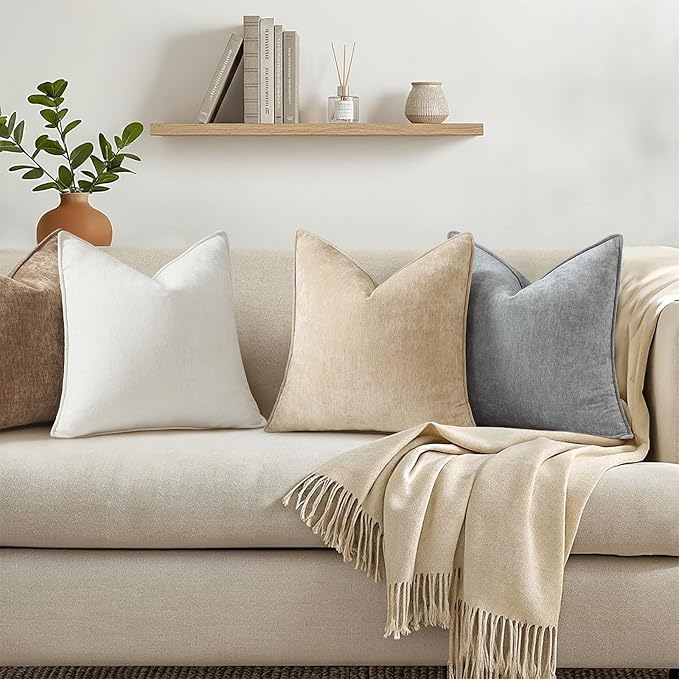 decorUhome Fall Couch Throw Pillow Covers 12x20 Set of 2, Decorative Soft Velvet Modern Cozy Chenille Lumbar Pillow Cases with Elegant Design for Sofa Bed Living Room Home Decor, Cream White