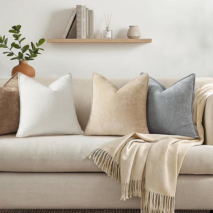 decorUhome Fall Couch Euro Sham Throw Pillow Covers 24x24 Set of 2, Decorative Soft Velvet Modern Cozy Chenille Pillow Cases with Elegant Design for Sofa Bed Living Room Home Decor, Beige