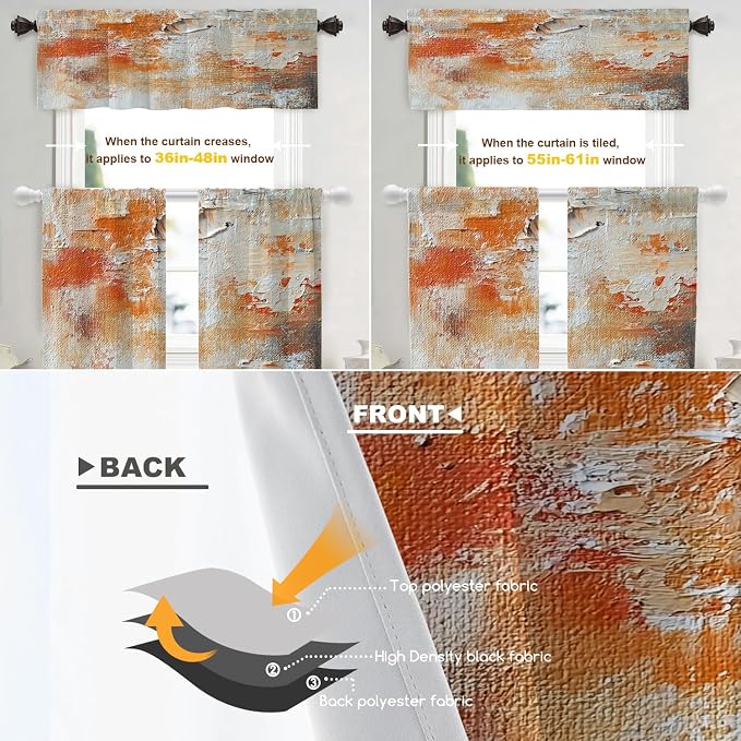 Shrahala Brushstrokes of Paint Blackout Curtain Tiers, Orange Grey Canvas Texture Kitchen Valance Light Blocking Tier Drapes with Rod Pocket, 2 Pack 26 X 36 in