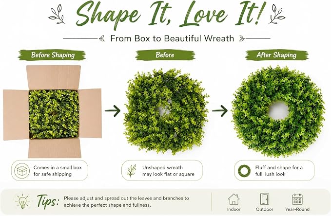DDHS 16-18in Small Boxwood Wreath for Front Door – Artificial Green Farmhouse Wreath, Spring Summer Fall Winter DIY Decor, for Indoor Outdoor Year-Round Wedding Home Decorations