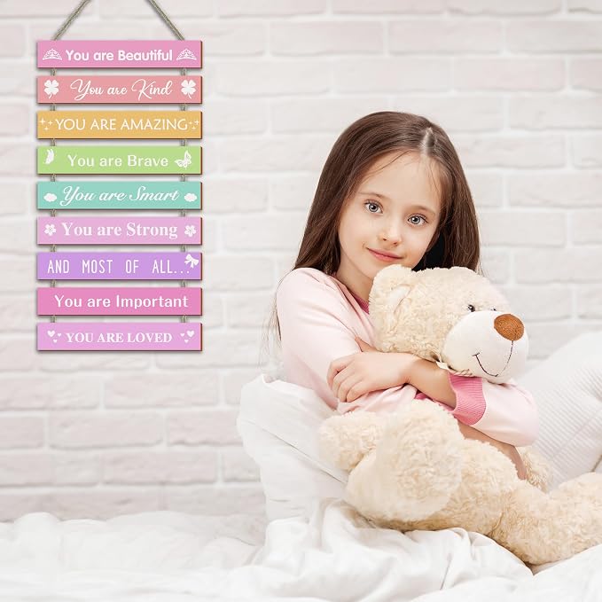 Girls Room Wall Decor, Set of 9 Pieces Wall Decor for Girls Bedroom Teen Girl, Inspirational Wall Art Hanging Plaque for Kids Baby Girl Nursery Wall Decortaions
