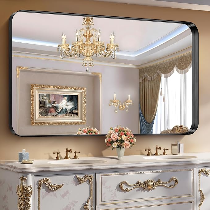 CIRCUMI Black Bathroom Mirror, 36"x60" Rectangular Mirror with Deep Metal Frame, Rounded Corner, Tempered Glass, Large Mirror for Wall, Over 2 Sinks, Installed Vertically/Horizontally, Crystal-Clear