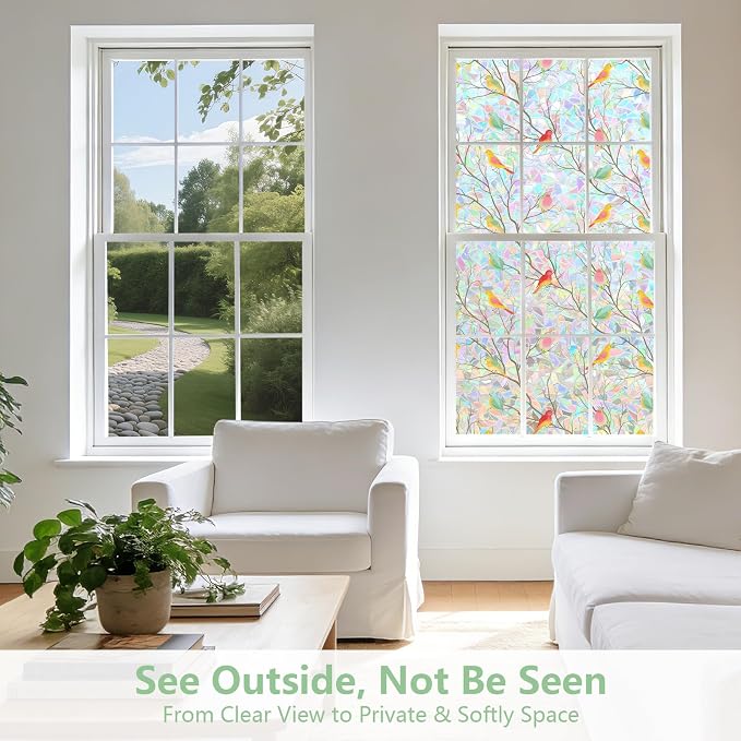 Kromapolis Window Privacy Film, Stained Glass Sticker Window Clings, Decorative Static Clings UV Blocking Colorful Decals, Removable Vinyl Covering Rainbow Bird，23.6'' x 78.7''