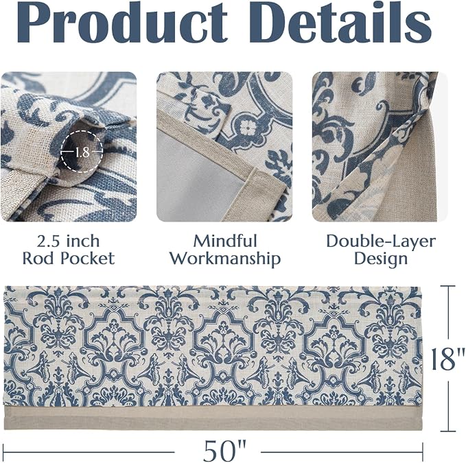jinchan Linen Valance Curtain for Kitchen Vintage Damask Floral Blackout Valance Double Layer Small Window Curtain for Living Room Bedroom Bathroom 18 Inch Rod Pocket 1 Panel Dark Blue on Beige