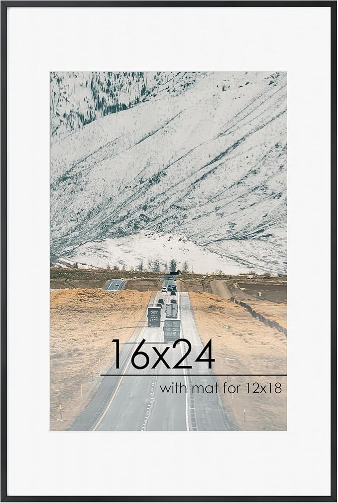 FLYJOE 16x24 Frame | 16x24 Poster Frame With Mat For 12x18 | Metal Aluminum Picture Frame With Tempered Glass | Minimalist Modern Poster Frame | Hanging Hardware Included | Black