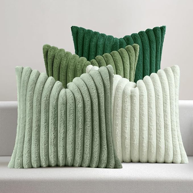MIULEE Faux Fur Plush Decorative Throw Pillow Covers 18x18 Set of 4, Spring Modern Soft Fuzzy Striped Cushion Covers for Sofa Couch Bed Living Room Cozy Home Decor,Green