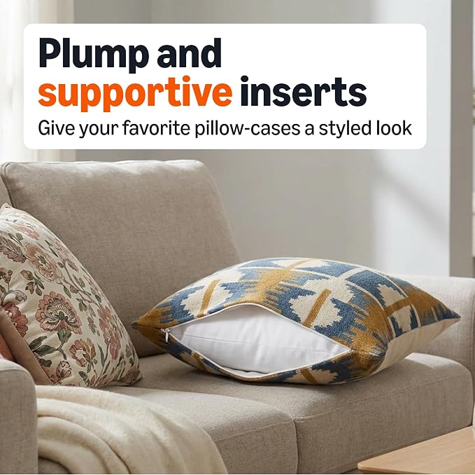 Amazon Basics Square Hypoallergenic Pillow Insert, Sofa Bed Couch Decorative Stuffer, 18 inch, Machine Washable, Compressed, Soft, 4-Pack