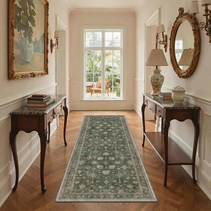 Bavni 2x3 Doormat, Machine Washable Runner Rug Non Slip, Vintage Floral Floral Vines Rugs for Entrance-Lightweight Low Pile Carpet for Hallways Kitchen and Corridor, Dusty Green