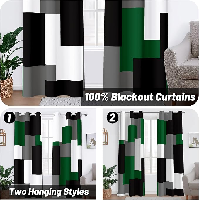 Tyrot Green 100% Blackout Curtains for Bedroom 63 inch Length 2 Panels Set White Grey Modern Abstract Geometric Black Out Curtains Insulated Room Darkening Window Drapes for Living Room, 42Wx63L
