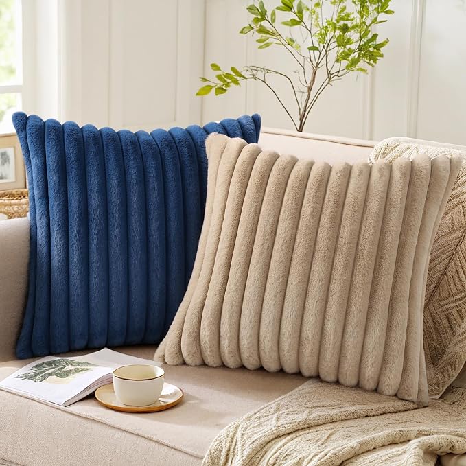 Pallene Faux Fur Plush Throw Pillow Covers 26x26 Set of 2, Luxury Soft Fluffy Striped Decorative Pillow Covers for Sofa, Couch, Living Room, Navy Blue