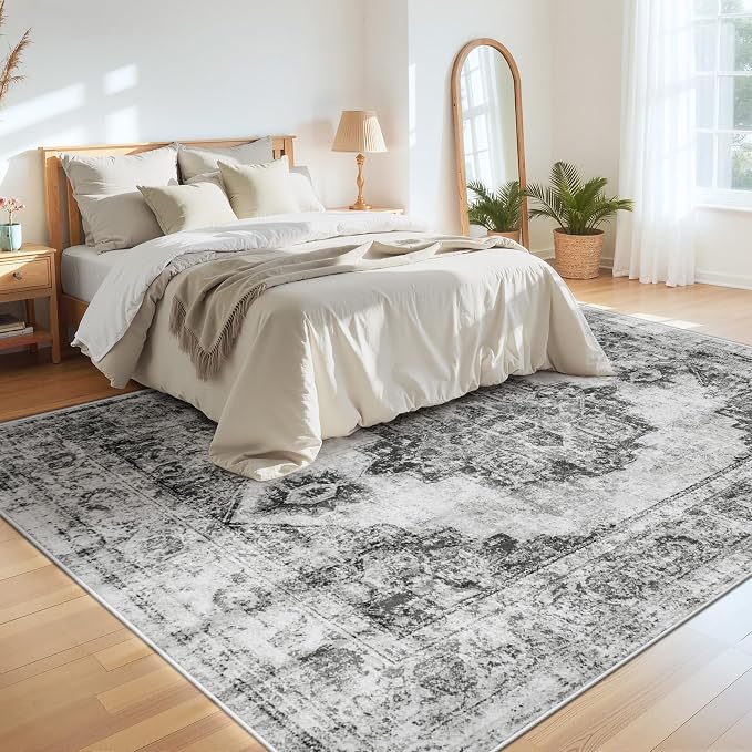Area Rug 8x10 Vintage Rugs: Large Washable Indoor Medallion Rug Low Pile Distressed Floor Carpet Retro Accent Rugs for Living Room Bedroom Kitchen Dining Table Home Office(Black, 8'x10')