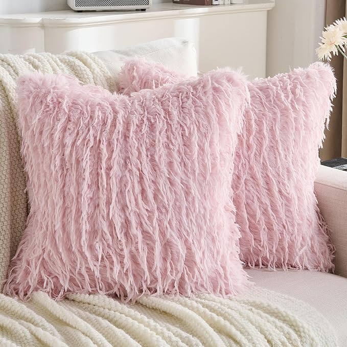 FUTEI Pack of 2 Faux Feather Plush Throw Pillow Covers 22x22 Inch Soft Fluffy Solid Farmhouse Decorative Cushion Cases Modern Luxury Accent for Couch Bed Living Room, Pink