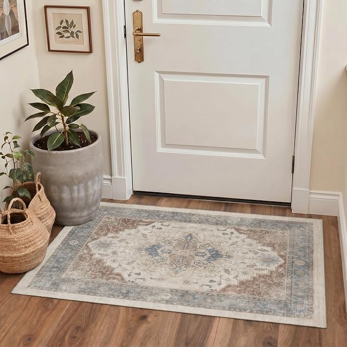 GENIMO 2x5 Runner Rugs for Hallway Kitchen and Laundry Room Non Slip Low Pile Machine Washable Lightweight Print Rug for Bedroom Bathroom Entryway, Floral Medallion, Dusty Beige