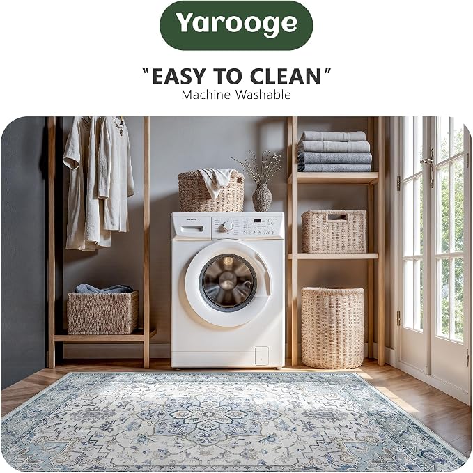 8x10 Area Rugs for Living Room - Washable Rug Vintage Distress Boho Medallion Rugs for Bedroom, Soft Non-Slip Backing Low Pile Carpet for Dining Room Office Nursery Home, Blue Grey Purple