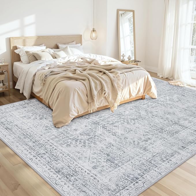 10x12 Area Rug for Living Room: Vintage Boho Neutral Washable Rug Indoor Soft Large Area Rug Carpet for Bedroom Nursery Farmhouse Dining Room Office Floor Non-Slip Low Pile Under Table Rug Gray