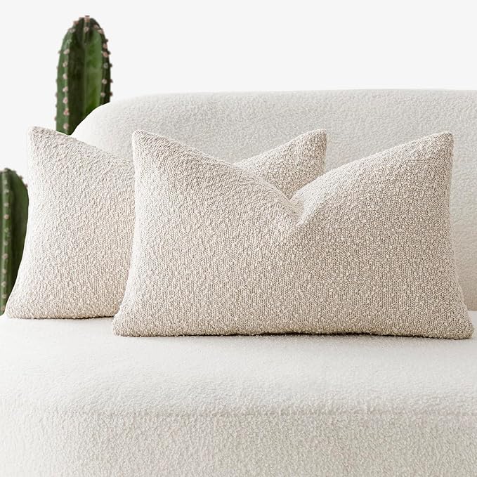 Foindtower Pack of 2 Textured Boucle Throw Pillow Covers Accent Solid Lumbar Pillow Cases Cozy Soft Decorative Couch Cushion Case for Chair Sofa Bedroom Living Room Home Decor, 12 x 20 Inch,Beige