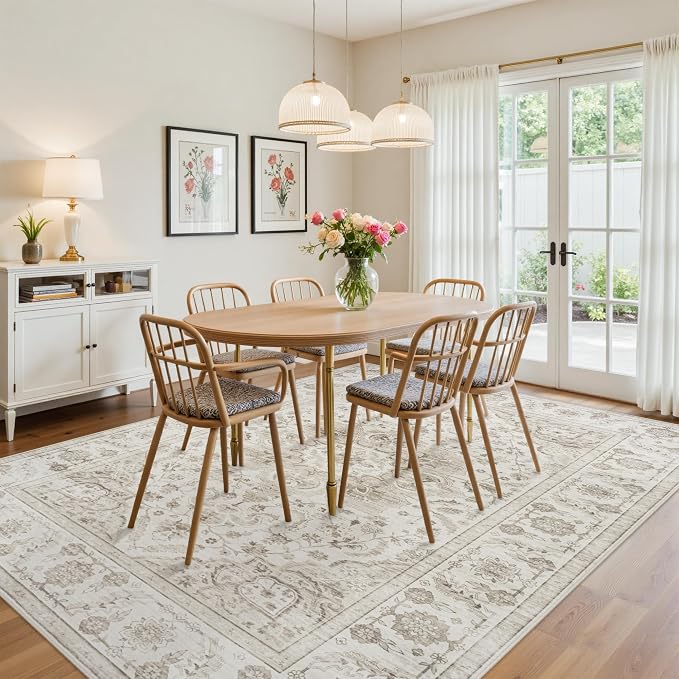 9x12 Area Rugs for Living Room:Beige Washable Vintage Medallion Carpet Non-Slip Soft Low Pile Large Rugs Indoor Retro Rug for Bedroom Nursery Dining Table Office Home(Beige White 9'x12')