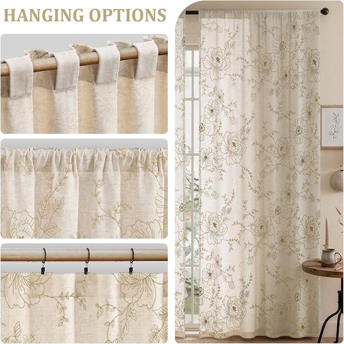 Boho Floral Curtains, Vintage Farmhouse Curtains 84 Inches Long, Beige Cottage Core Flower 2 Panels