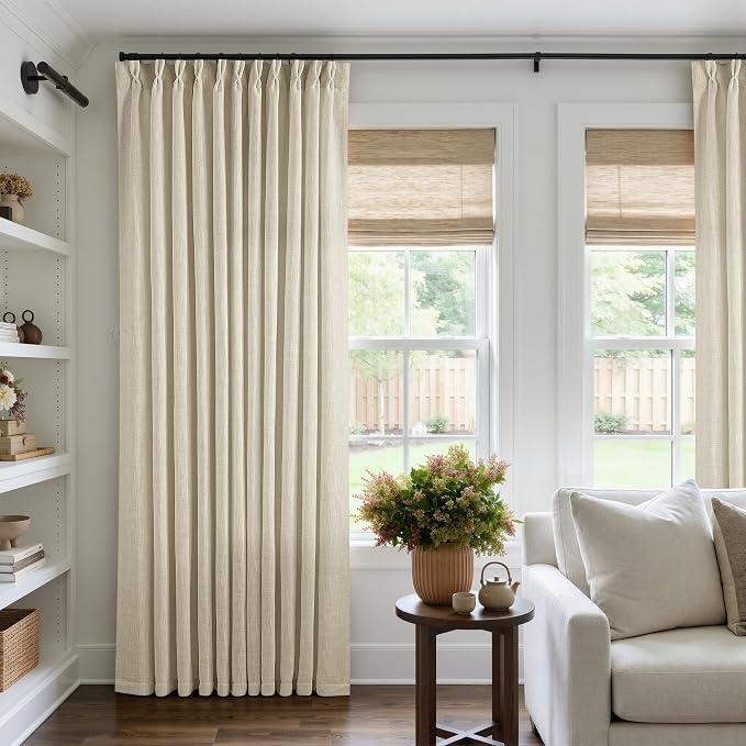 TWODRAPES Pinch Pleated Extra Wide Curtain Panels 84 Inches Long 70 Wide Linen Curtain for Patio Sliding Glass Door Beige Hooks Rings Semi Sheer Privacy 84 Inch Length for Living Room 70x84 1 Panel
