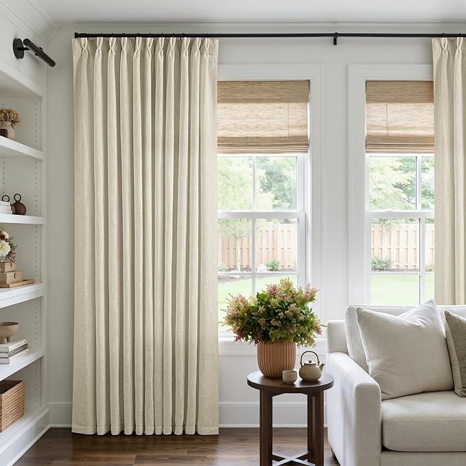TWODRAPES Pinch Pleated Extra Wide Curtain Panels 90 Inches Long 70 Wide Linen Curtain for Patio Sliding Glass Door Beige Hooks Rings Semi Sheer Privacy 90 Inch Length for Living Room 70x90 1 Panel