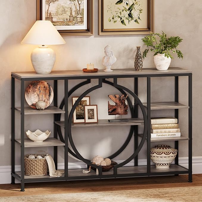 GiftGo 47" Industrial Console Tables for Entryway Rustic Sofa Table Behind Couch 4 Tier Wooden Shelves Entry Table with Storage for Foyer, Hallway, Front Door,Living Room (Retro Grey, 47")
