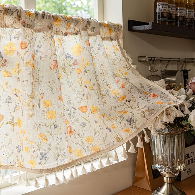 Deeprove Boho Valance 18 Inch Long for Windows Cafe Kitchen Modern Watercolor Botanical Gold Yellow Florals Print Curtain with Fringe Small Short Treatment for Fall Decorative 1 Panel 52W x 18L
