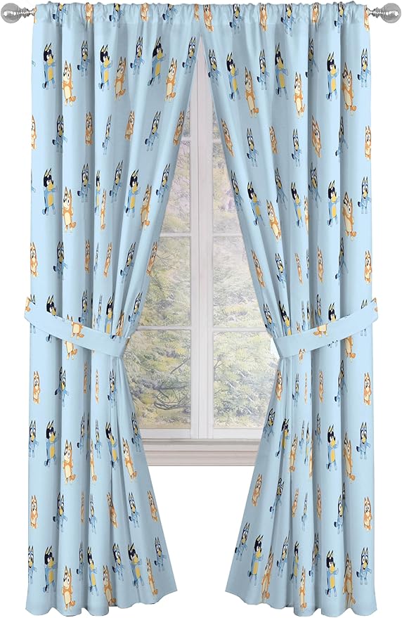 Jay Franco Window Curtains for Kids Bedroom 4-Piece Drape Set with 2 Tiebacks, Blue - Bluey & Bingo, 42" W x 84" L (Pack of 2)