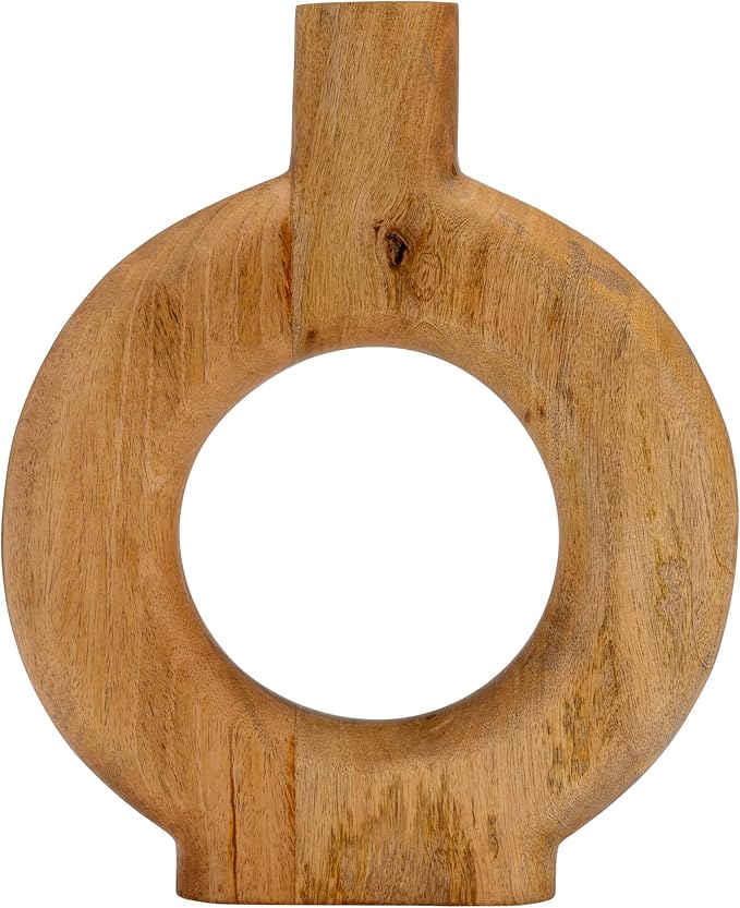 Mango Wood Vase, Modern Donut Vase Design – Accent for Sculptural Display, Decorative Modern Flower Vase – Flower Holder for Stems or Greenery, Living Room or Office Shelf, Home Decor – 14", Brown
