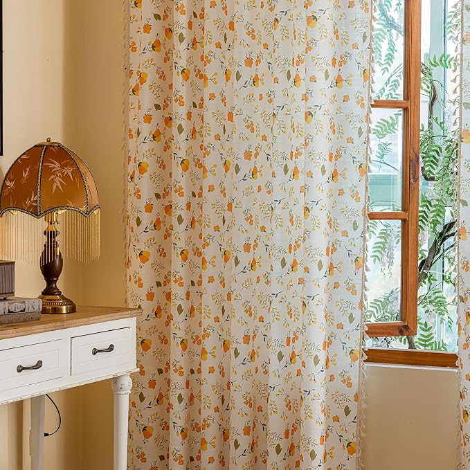OYX Floral Boho Curtains 2 Panels Short 84 Inch Curtains Patterned Semi Sheer Living Room Drapes Farmhouse Boho Window Curtain Panels with Tassel Beige Rod Pocket Bedroom Drapes
