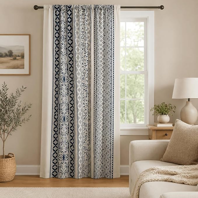 VOGOL Boho Semi Blackout Curtains, Geometric Printed Decorative Window Treatments for Bedroom, 1 Panel Rod Pocket Drapes for Living Rest Room, 52 x 96 Inches, Blue