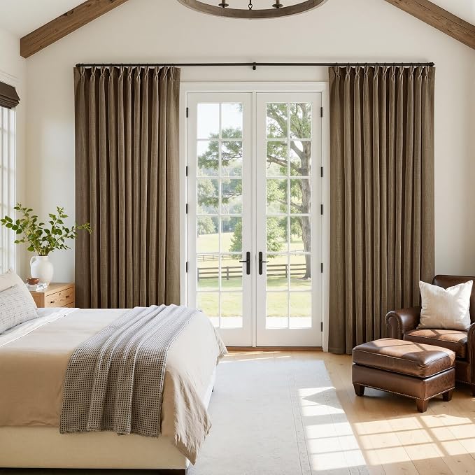Extra Wide 96 Inch Long Curtains 70 Inch Wide Pinch Pleat Linen Curtains for Living Room Bedroom Light Filtering Privacy Pleated Drapes Hooks Rings Back Tab for Sliding Door Dutch Cocoa 1 Panel