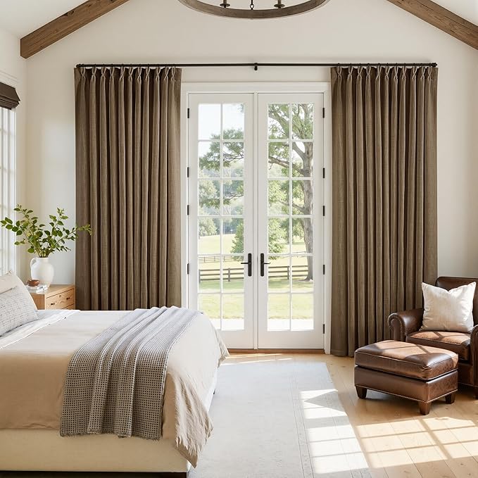 Extra Wide 120 Inch Long Curtains 70 Inch Wide Pinch Pleat Linen Curtains for Living Room Bedroom Light Filtering Privacy Pleated Drapes Hooks Rings Back Tab for Sliding Door Dutch Cocoa 1 Panel