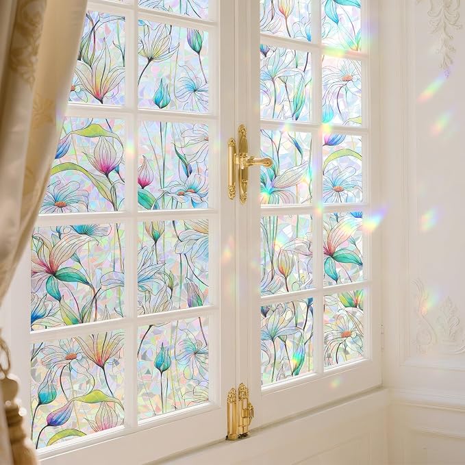 Donox Decorative Window Privacy Film, 3D Floral Stained Glass Window Film Static Cling Rainbow Privacy Sticker for Glass Door Heat Control Anti UV, No Adhesive (Magnolia,17.5 x 78.7 inches)