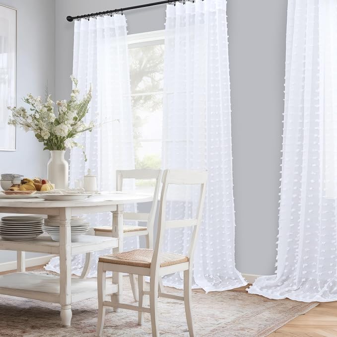 White Sheer Curtains 84 Inches Long for Living Room Bedroom Farmhouse White Pom Pom Curtains 2 Panels Back Tab Shabby Chic Boho Curtain Semi Sheer Nursery Kids Aesthetic Ruffle Drape 52x84 Length