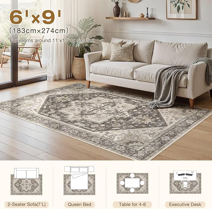 6x9 Area Rugs for Living Room - Large Carpet Ultra Thin Soft Washable Oriental Vintage Floral Distressed Big Indoor Carpets for Bedroom Nursery Dorm Home Decor Aesthetic - Dark Brown