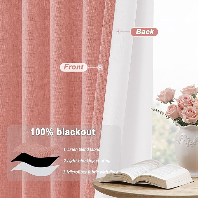 UHITECH Short Blackout Curtains 54 Inch Length 2 Panels Set for Bedroom Blush Pink Linen Textured Thermal 100% Black Out Curtains for Living Room with Back Tab Rod Pocket Track System