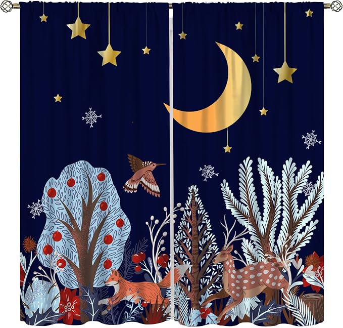 Rustic Animal Curtains, Wild Forest Animal Bear Fox Deer Kids Window Treatments for Living Room Bedroom, Farmhouse Woodland Blackout Drapes 2 Panel Sets, 55x63 Inch