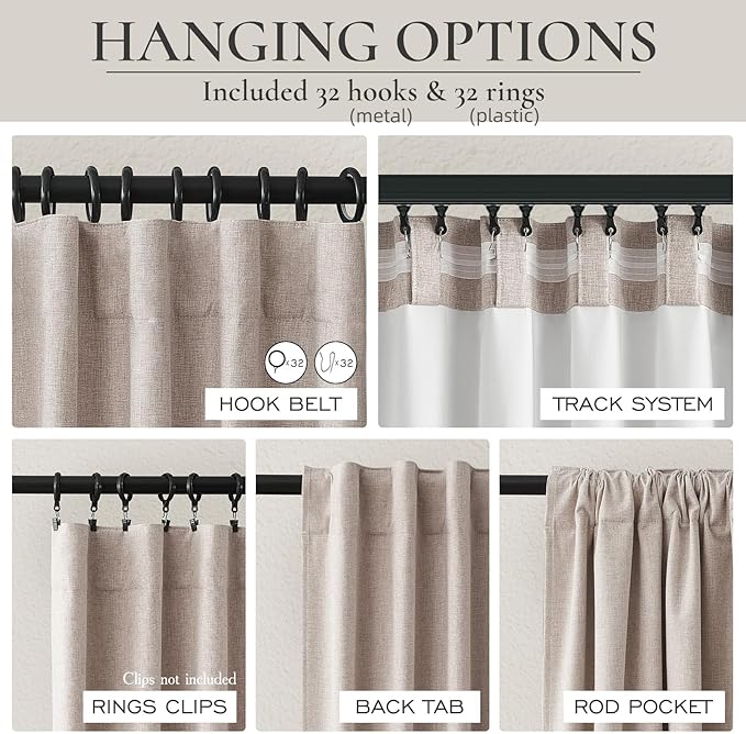 QJmydeco Faux Linen Curtains 120 Inches Long for Bedroom, Luxury Ceiling Mount Track Curtains with Hooks Drapes for Sliding Glass Patio Doors Inside 10 ft Large Window Farmhouse (W50 xL120 2Panels)