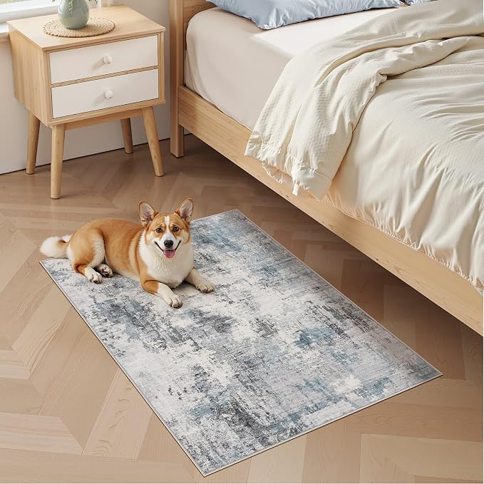 Abstract 2x3 Area Rug: Machine Washable Non Slip Ultra Thin Low-Pile Carpet, Soft Stain Resistant for Entryway Kitchen Bathroom, Kid Pet Friendly, Robot Vacuum Compatible - Grey Blue