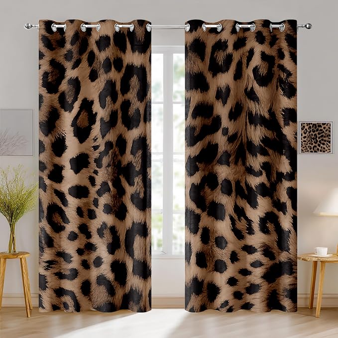 Sexy Leopard Print Blackout Curtains, Wild Animal Cheetah Print Brown Black Fur Window Drapes, Living Room Bedroom Decor 2 Panels 52x84 Inch
