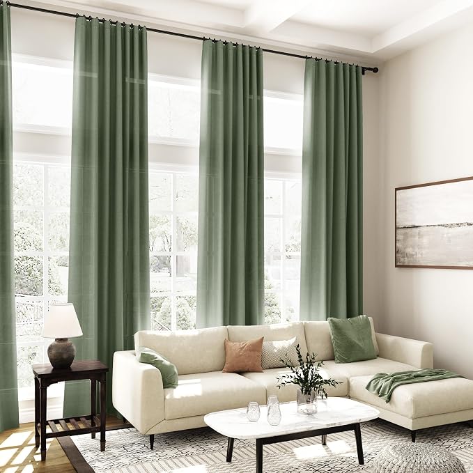 Nanspring Olive Green Linen Sheer Curtains 84 Inch Length 2 Panels for Living Room Bathroom Set Back Tab Rod Pocket Semi Sheer Light Filtering Breathability Farmhosue Country Style 60x84