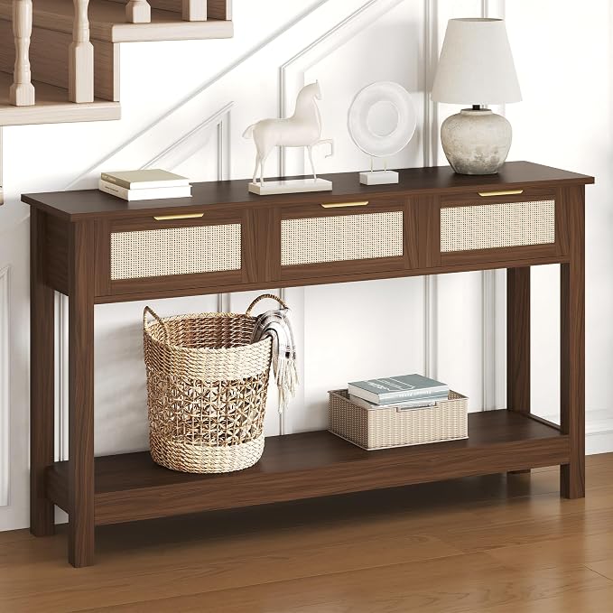 Luoxiao Console Table for Entryway with 3 Rattan Drawers Storage Open Shelf | Narrow Entry Table for Hallway, Foyer, Couch, Front Entrance, Anti-Tip, Easy to Assemble, 47 Inch, Walnut, Mid-Century Modern