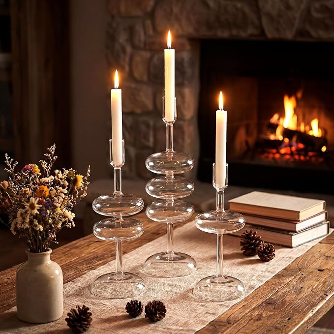 LemonRoad Glass Taper Candle Holders Set of 3, Bubble Candlestick Holders for Table Centerpiece, Elegant Wavy Stacked Geometric Candleholders for Wedding, Dinner, Party, Home Decor(Clear)
